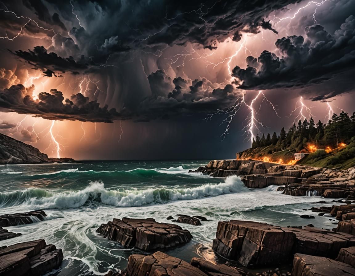 Dramatic Coastal Landscape with Lightning Storm, Ansel Adams...