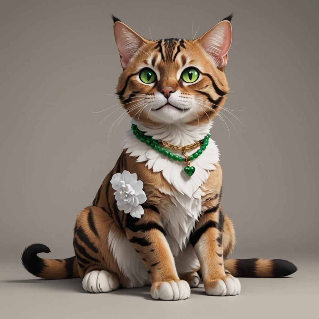 Bengal Cat in Anime Style with Necklace and Guilty Expressio...