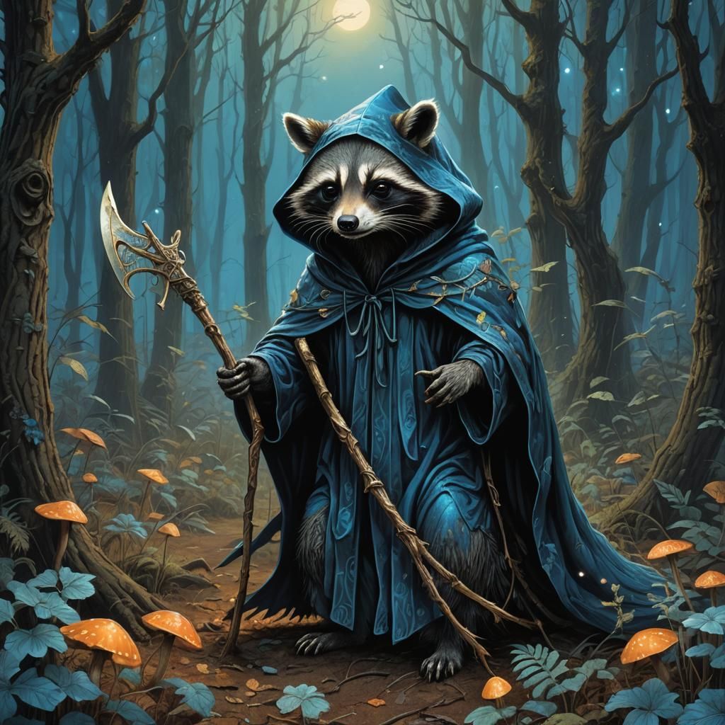 Grim Reaper Raccoon in Mystical Forest, Surreal Art