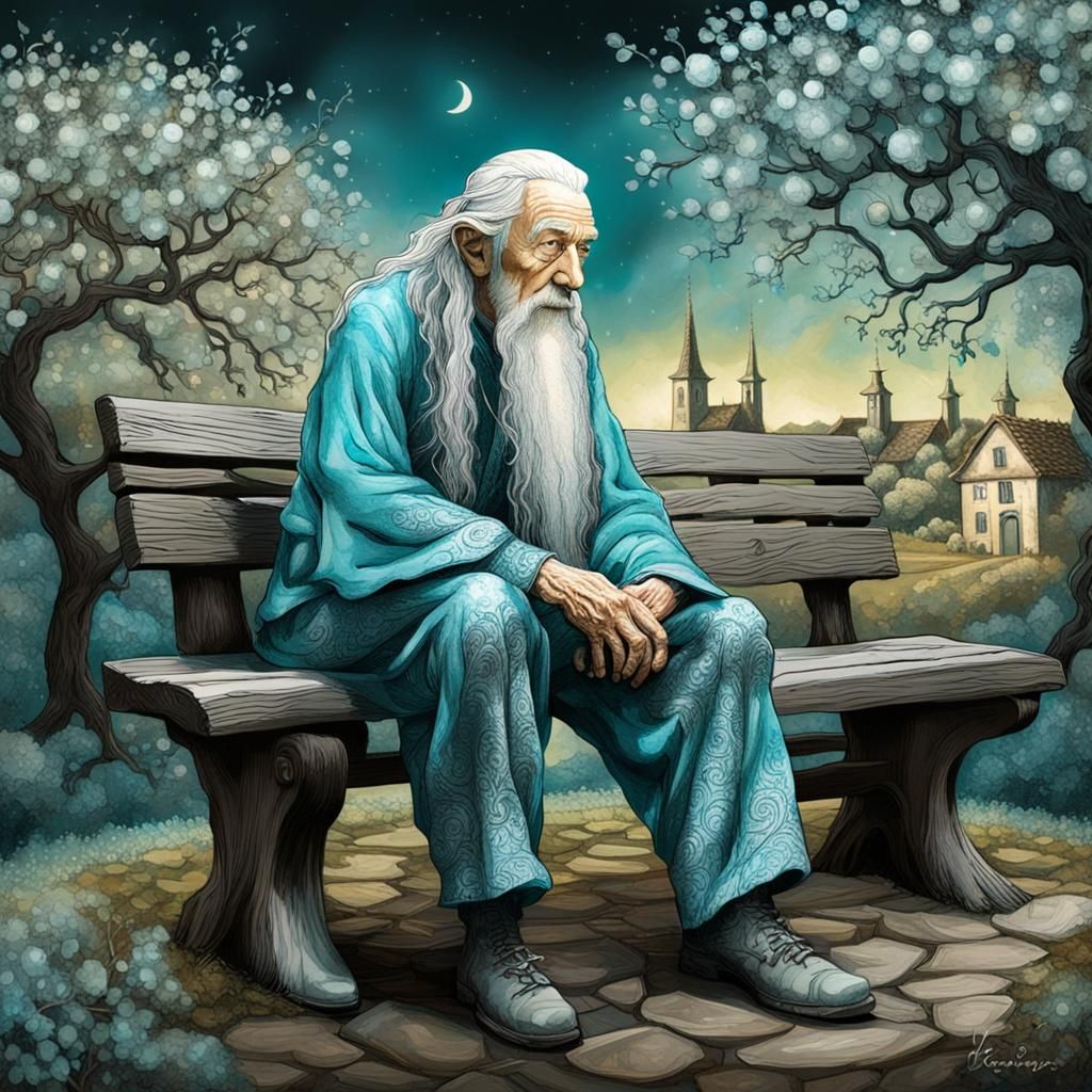Gandalf in Teal Jumpsuit in French Village, Alcohol Ink