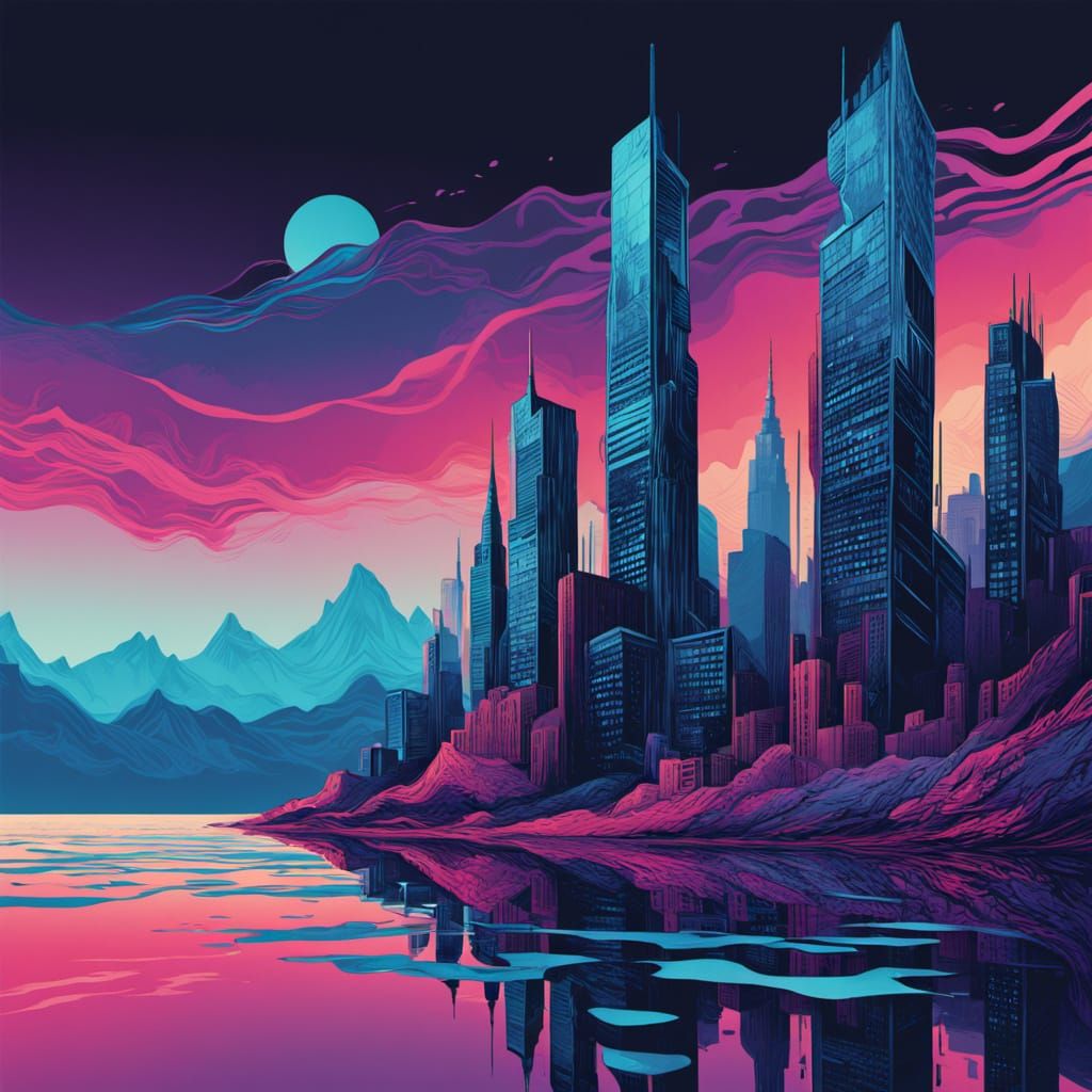 Surreal Cityscape in Risograph Art