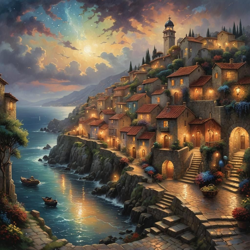 Mediterranean Town in Rainy Night, Kinkade Style