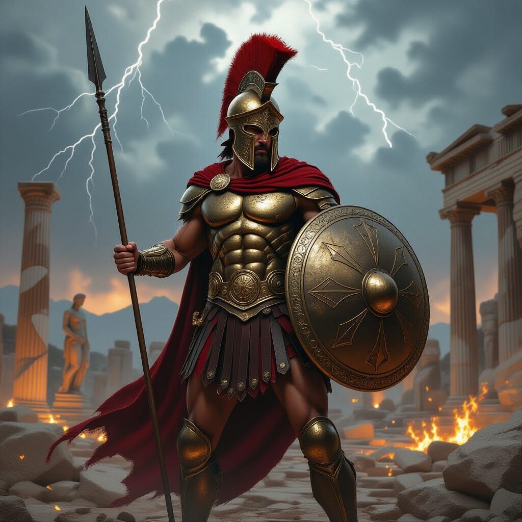 Fierce Spartan Warrior in Ancient Ruins