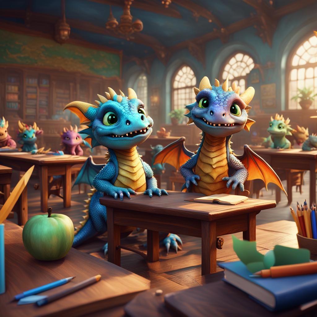 Cute Baby Dragons Learning at School