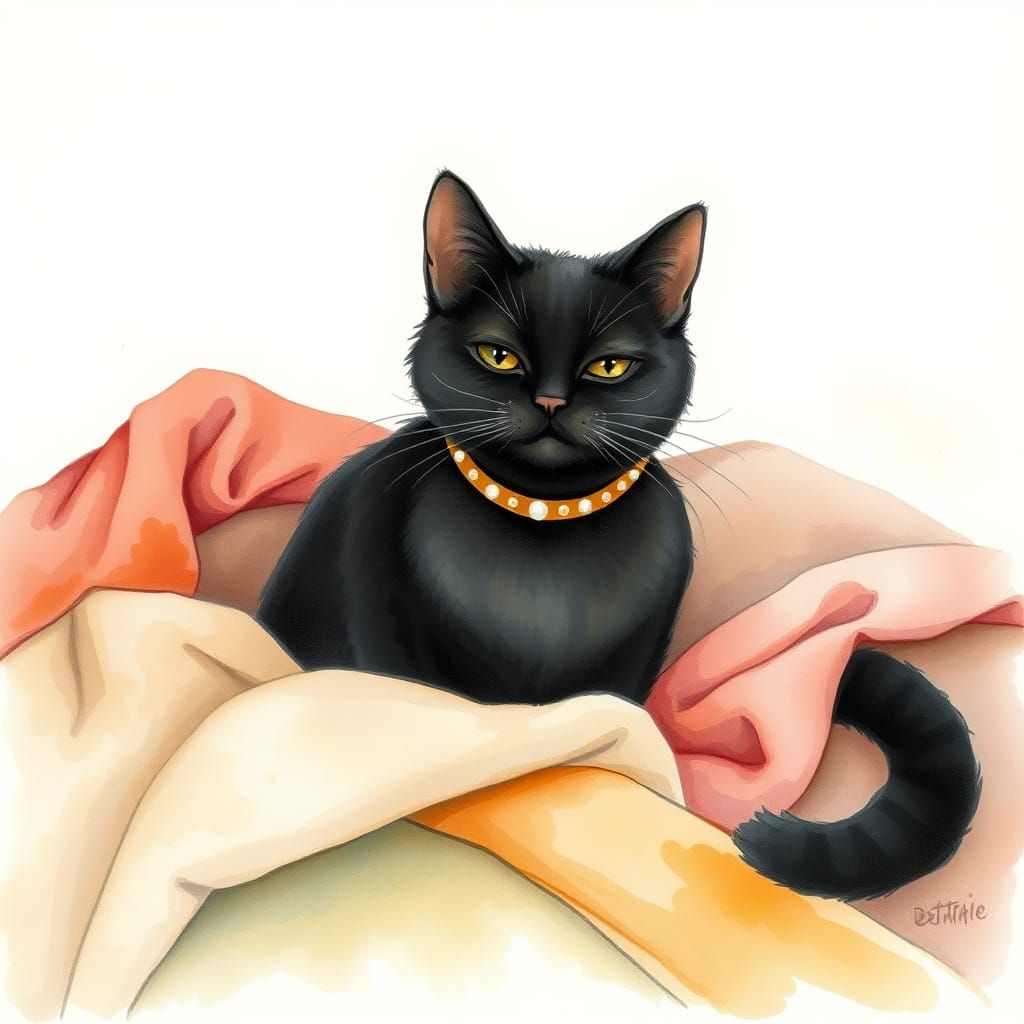 Whimsical Watercolor Cat on Colorful Blankets
