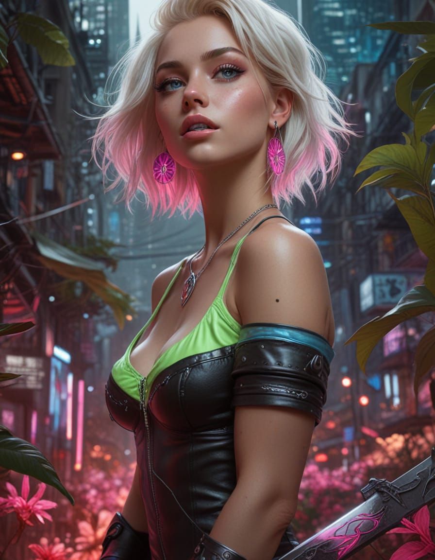 Futuristic Valkyrie in Neon Cityscape