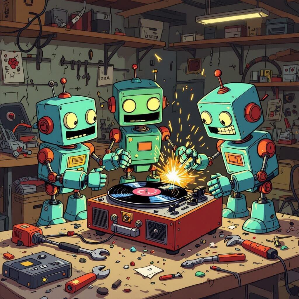 Cartoon Robots Assemble Record Player in Workshop