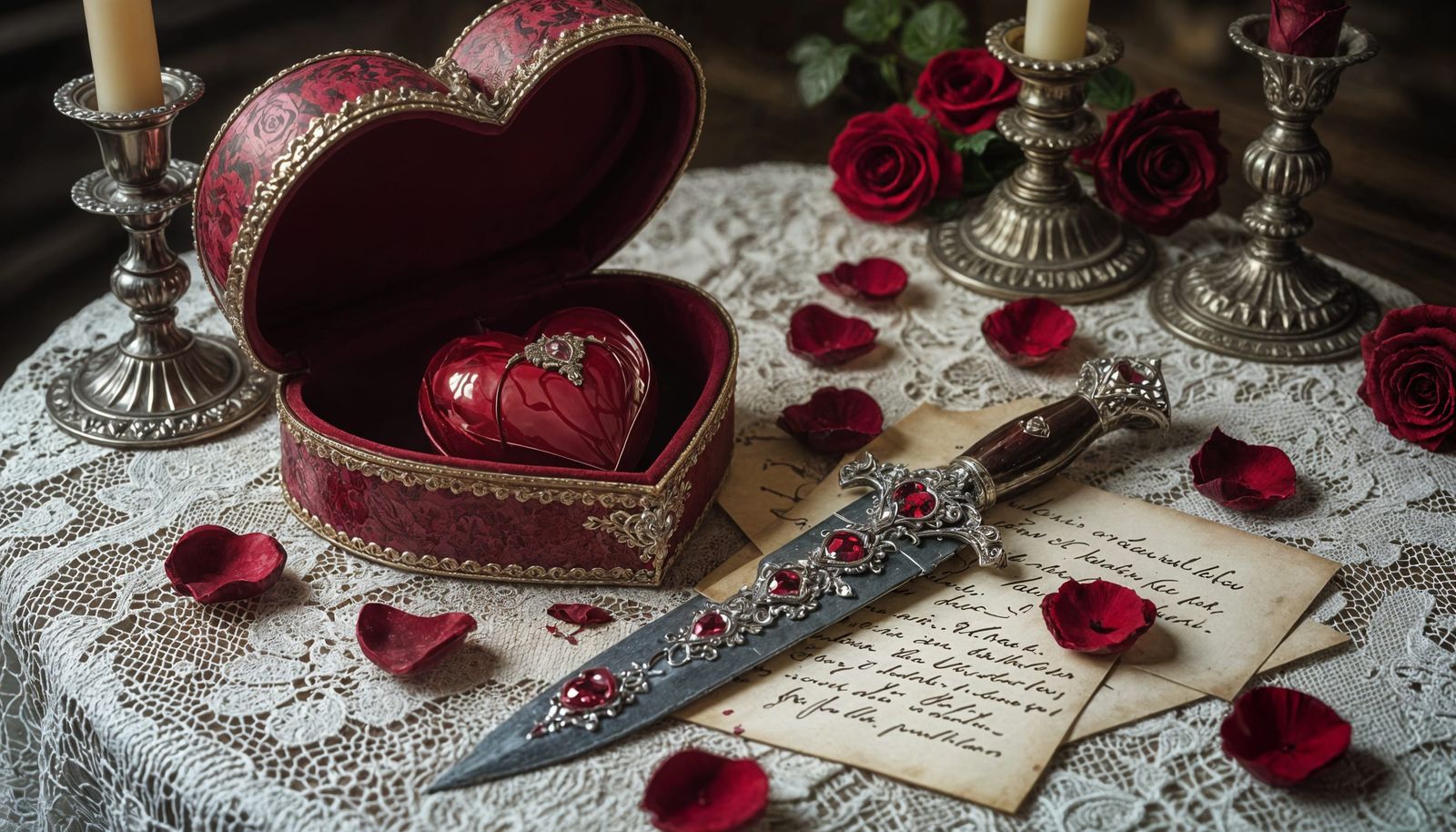 Gothic Valentine: Beating Heart, Jeweled Dagger, and Rose Pe...