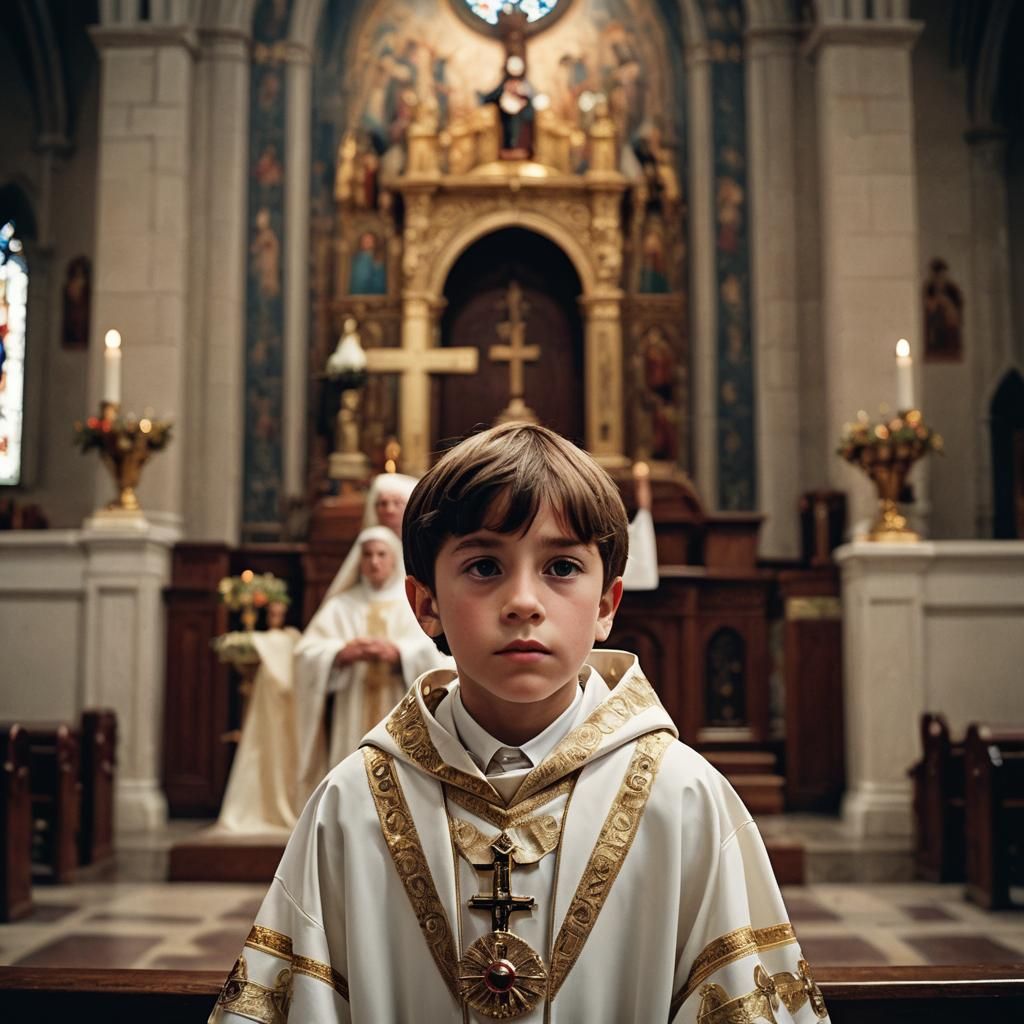 Boy at Church Altar in Cinematic Style