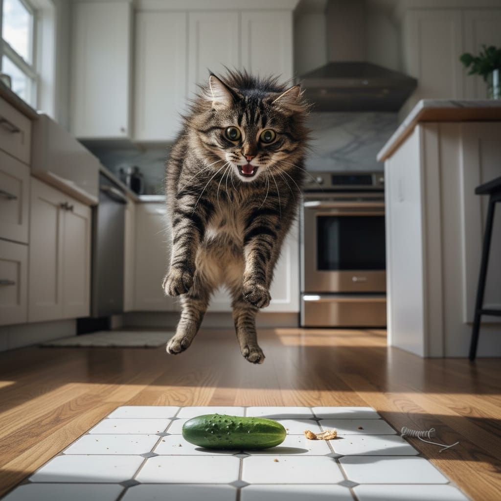 Black Tabby Cat Reacts Shocked to Cucumber on Kitchen Floor