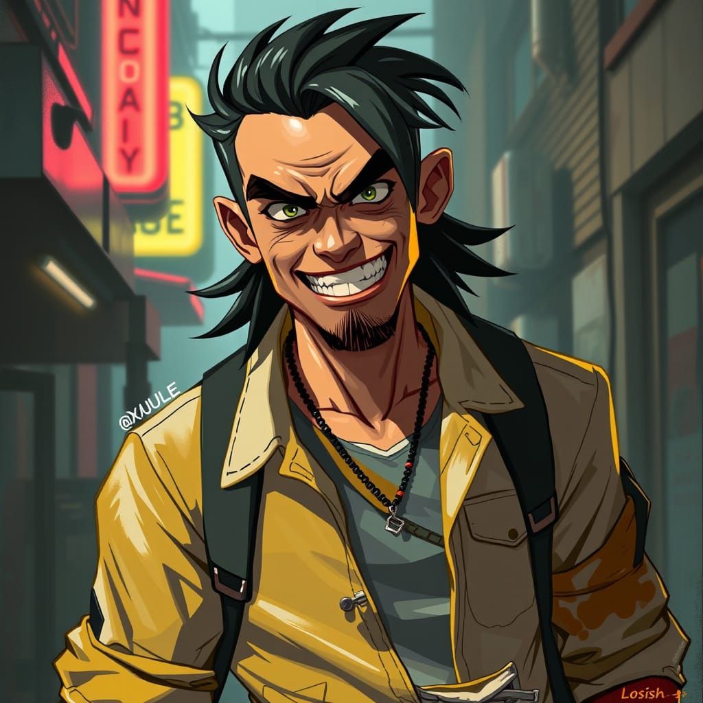 Urban Adventurer in Neon Cityscape