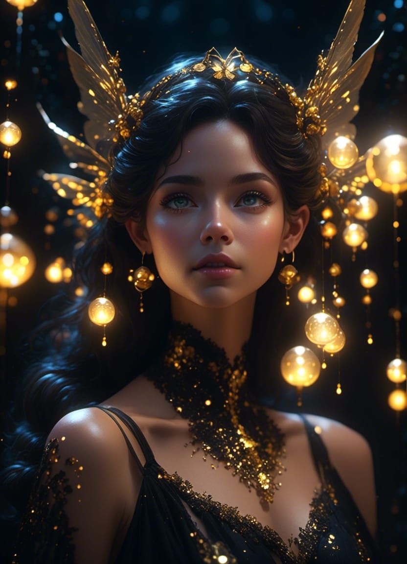 Dark Fairy Portrait with Gold Light Orbs