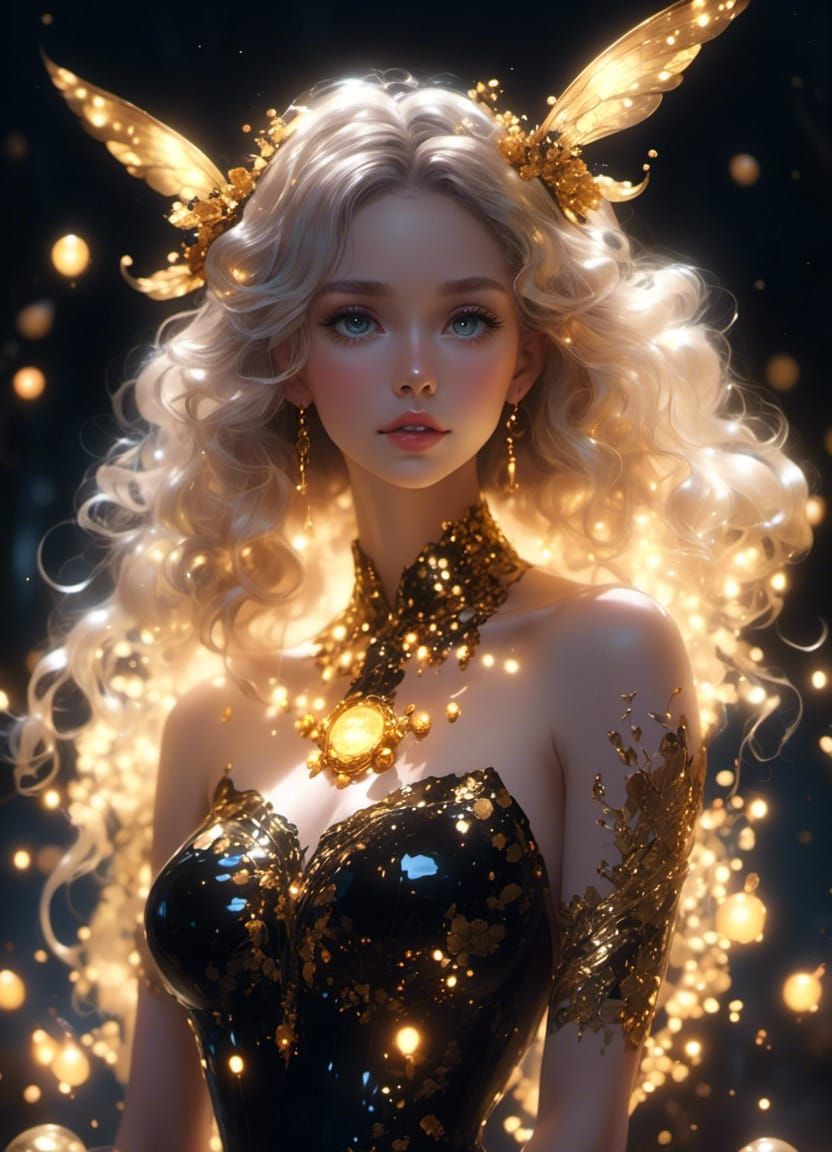 Dark Fairy Portrait with Gold Light Orbs