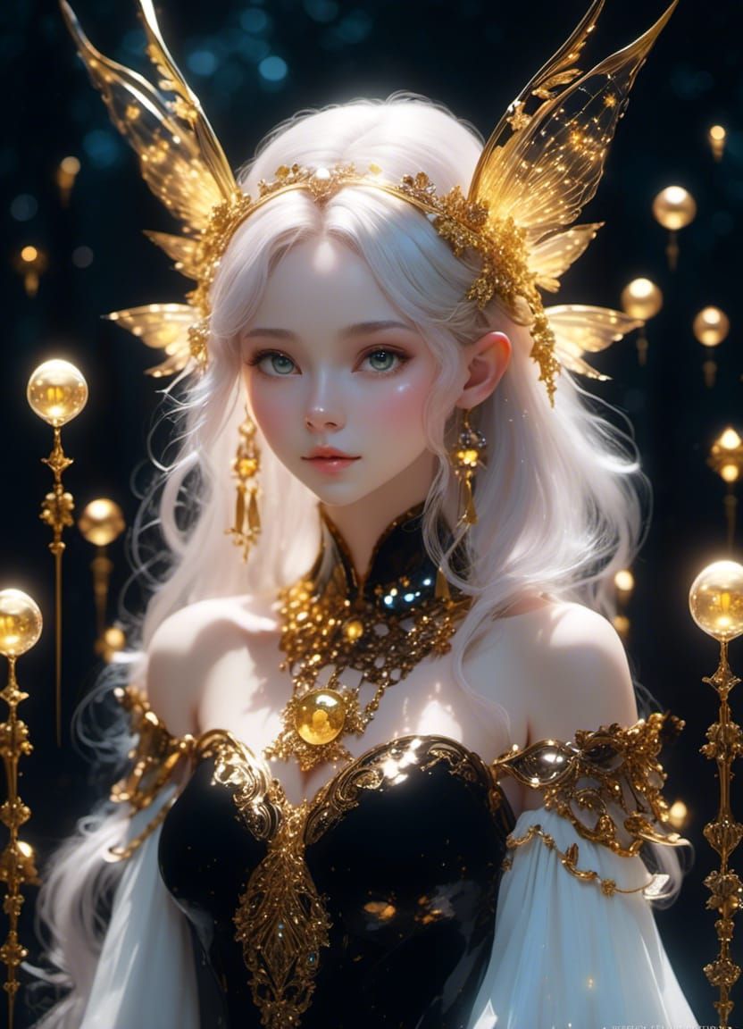 Dark Fairy Portrait with Gold Light Orbs