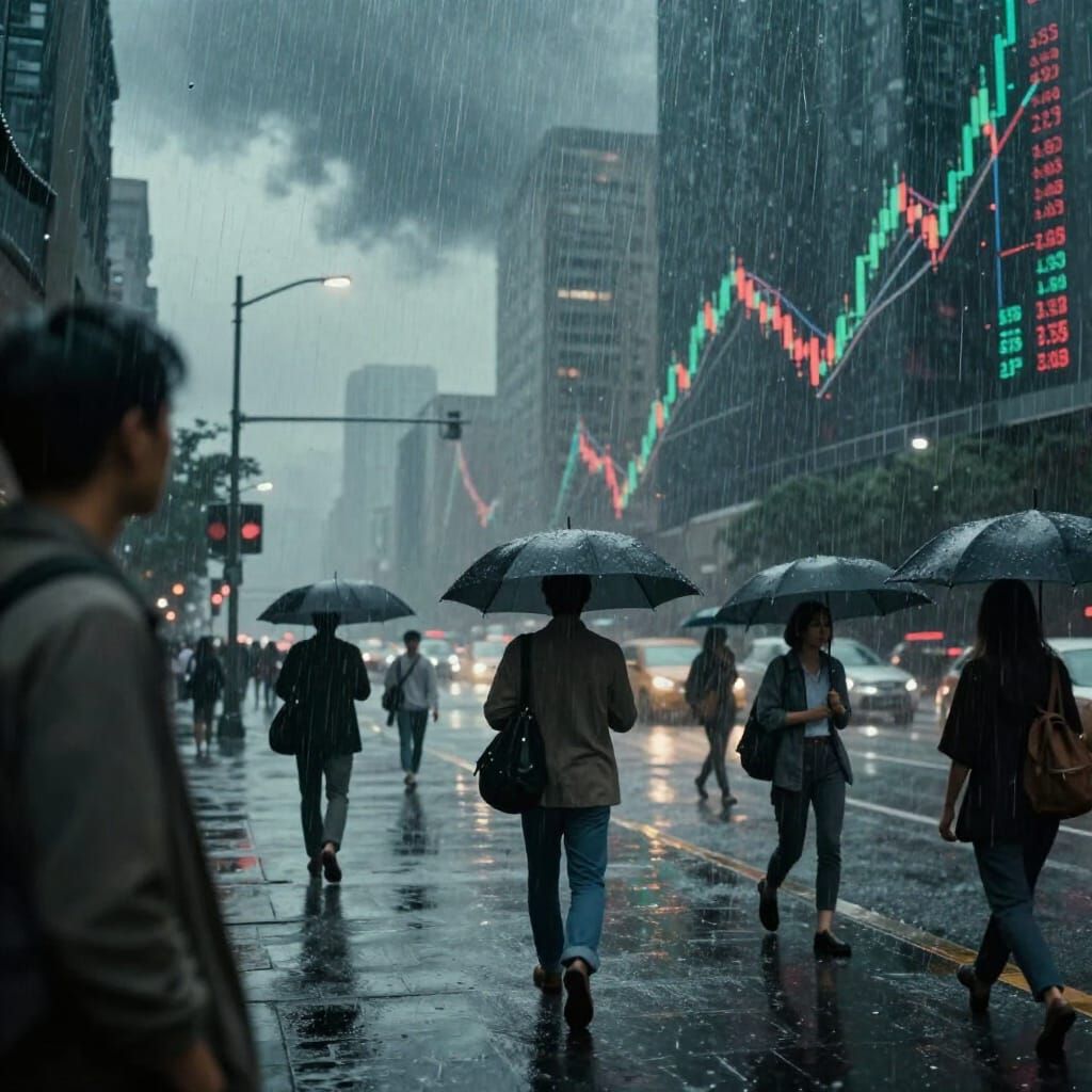 Surreal Cityscape: Financial Storm and Adapting Citizens