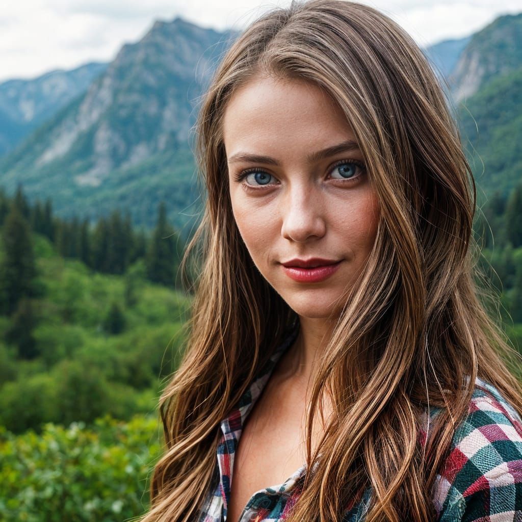 Woman with Enigmatic Smile in Lush Green Landscape
