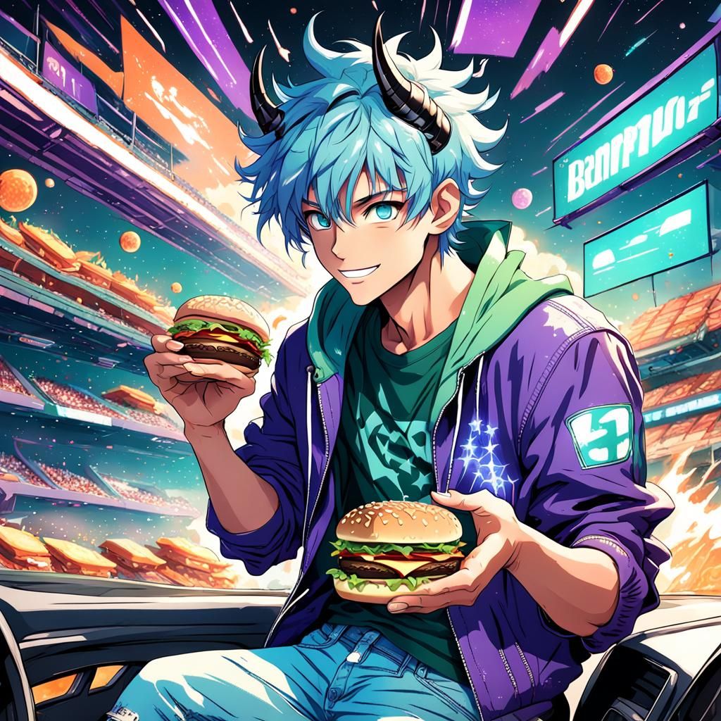 Anime Boy Eating Burger at Car Race