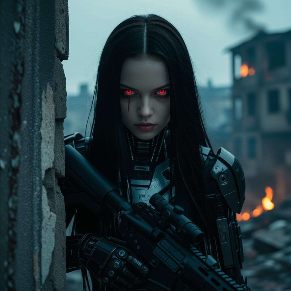 Sinister Cyborg Girl Lurking in Dystopian Cityscape