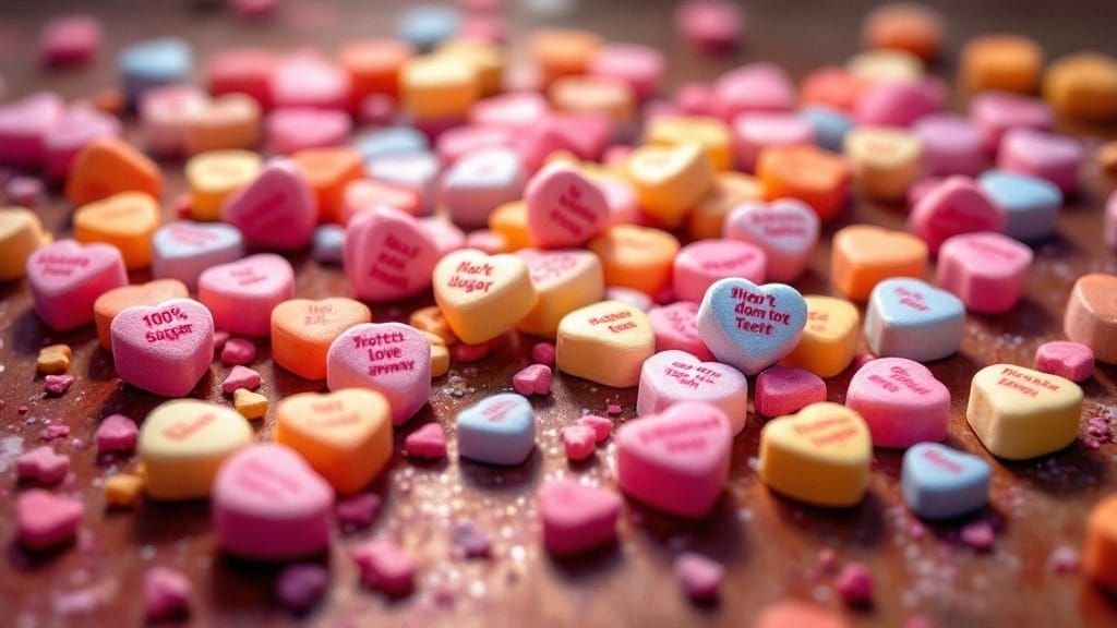 Playful Candy Hearts Scene with Sarcastic Phrases in Vibrant...