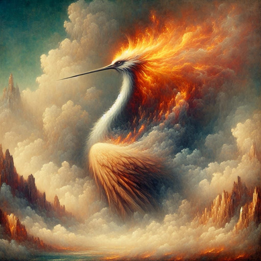 Ethereal Fire Bird Emerges from Volcano