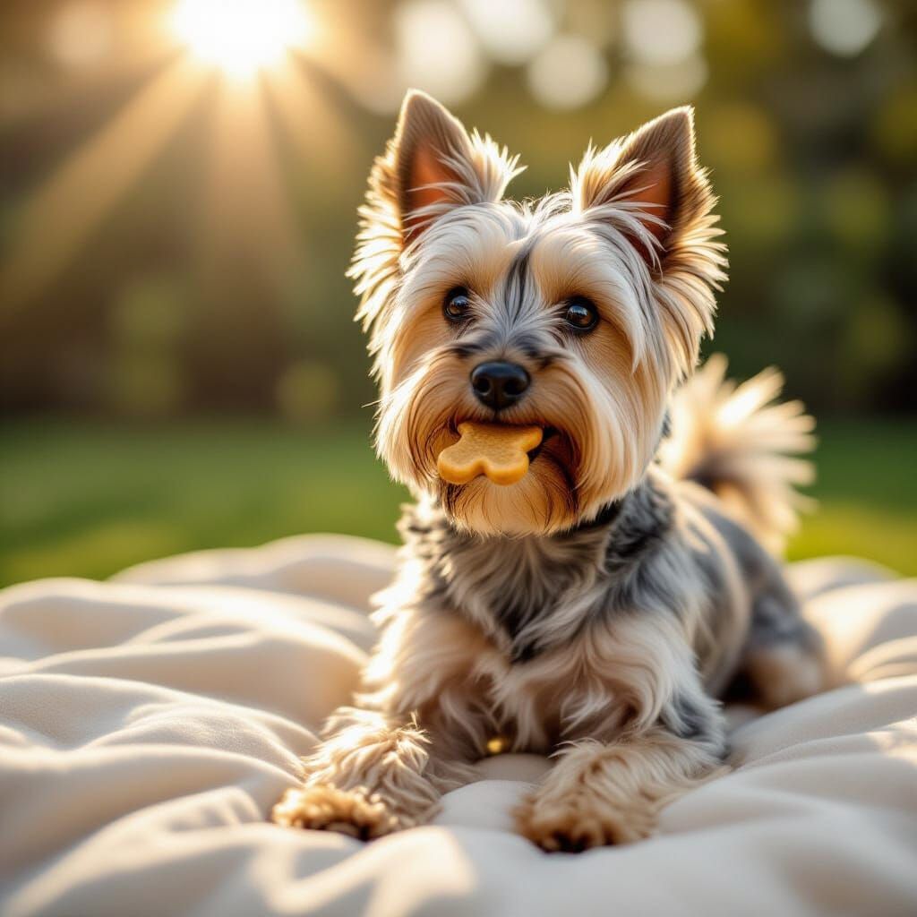 Silky Terrier Enjoying a Treat in Morning Light