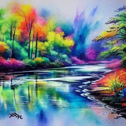 Vibrant River in Nature as Watercolor Graffiti Art