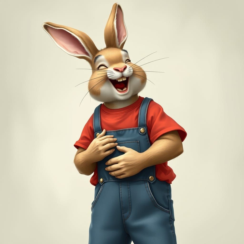 Laughing Bunny in Dungarees Holds Belly