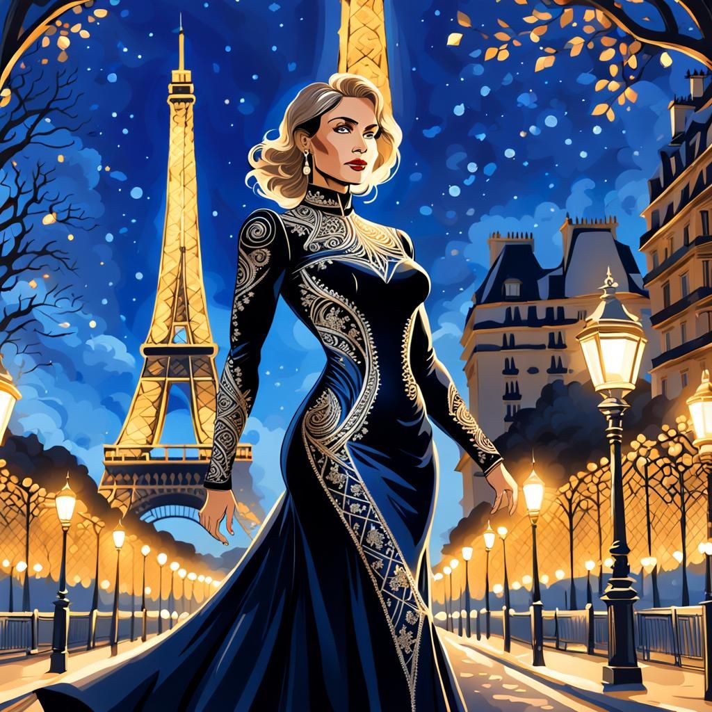 Elegant Woman Under Golden Parisian Lights