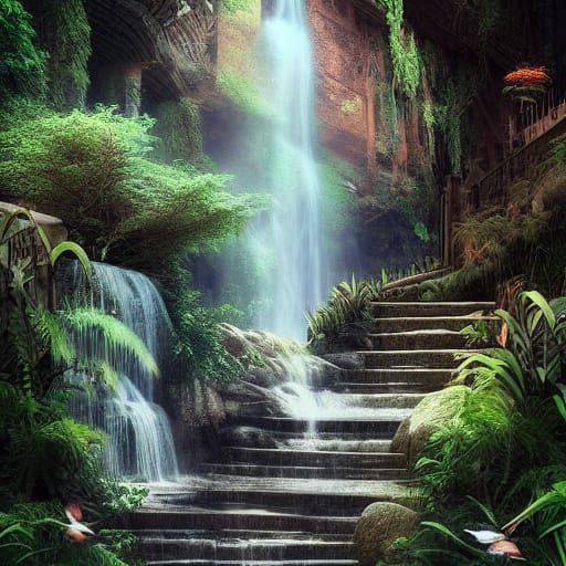 Cinematic Waterfall Cascading Down Old Stairway