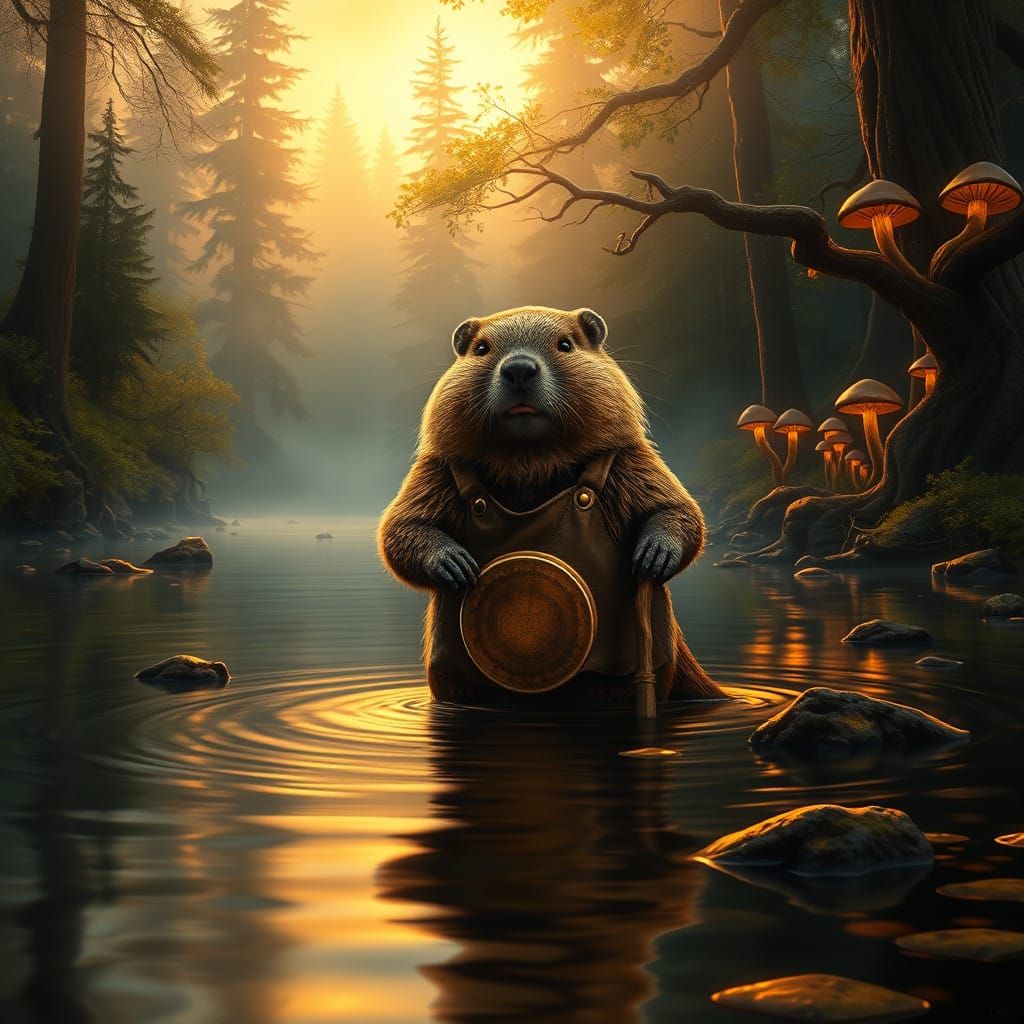 Golden Sunrise Beaver Panoramic in Whimsical Forest