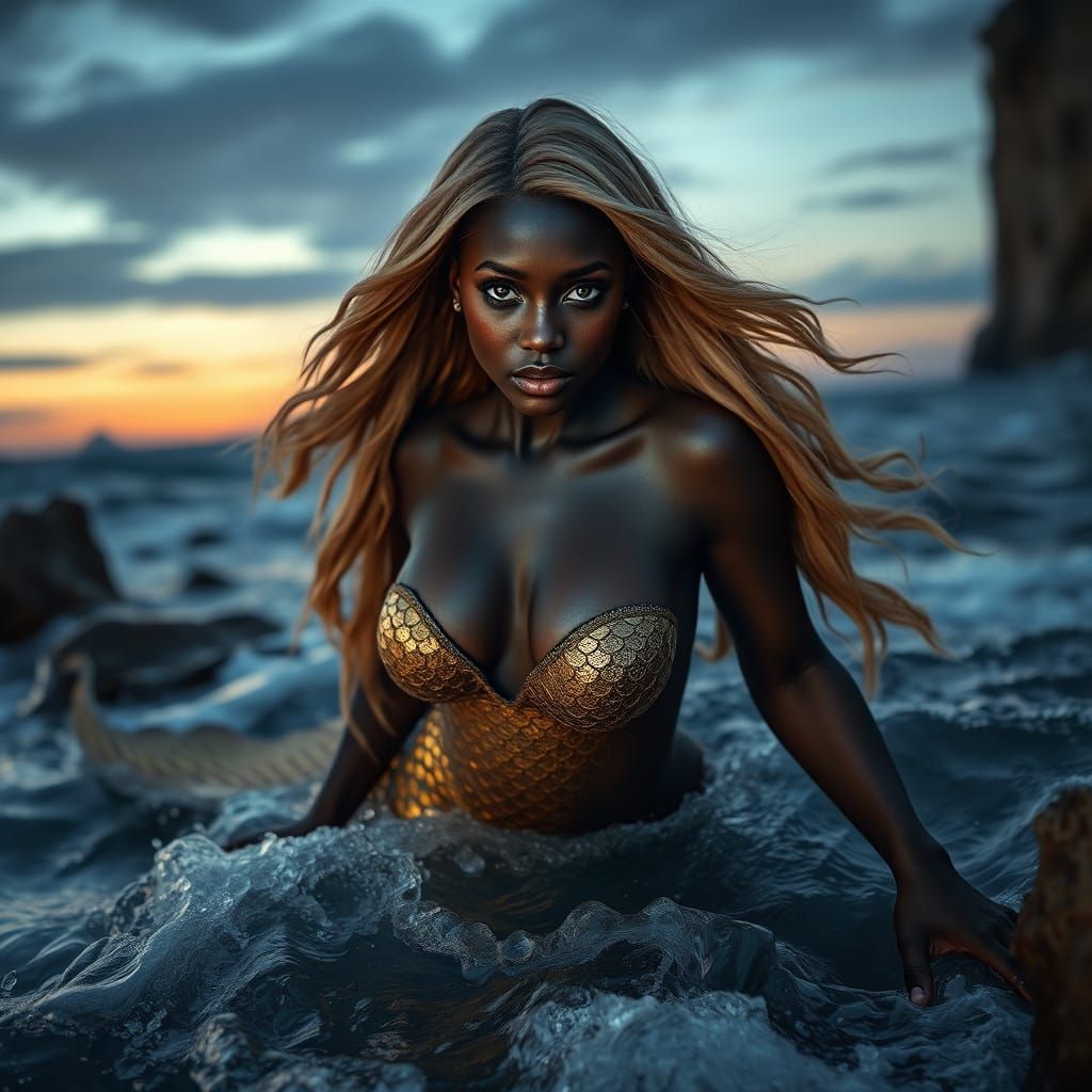 Photorealistic Mermaid in Twilight Ocean with Golden Scales