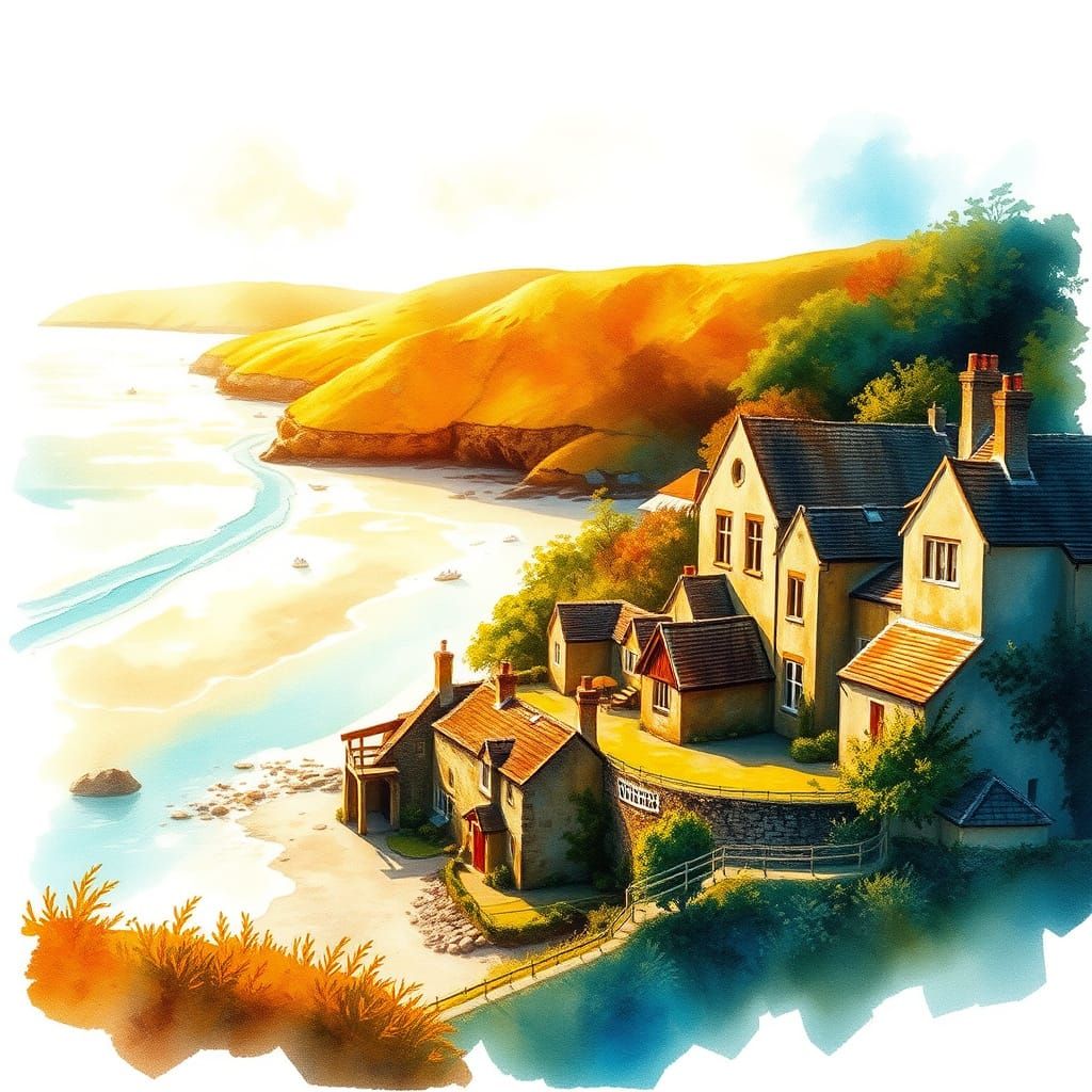 Cotswold Village Meets Turquoise Beach: Watercolor Art