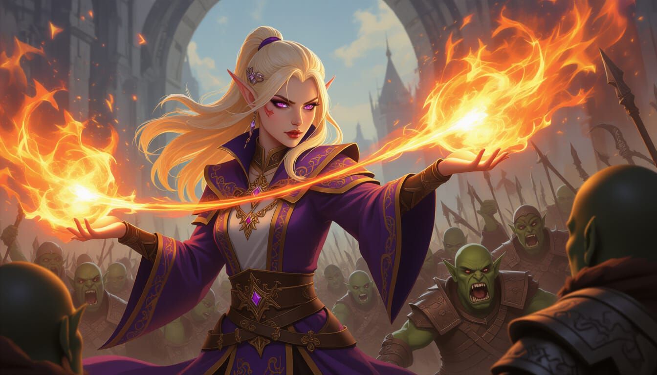 Elven Fire Mage Conjuring Firebolts Against Orcs