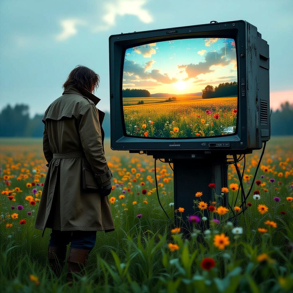 Pixelcore Figure Gazing at Decaying Monitor