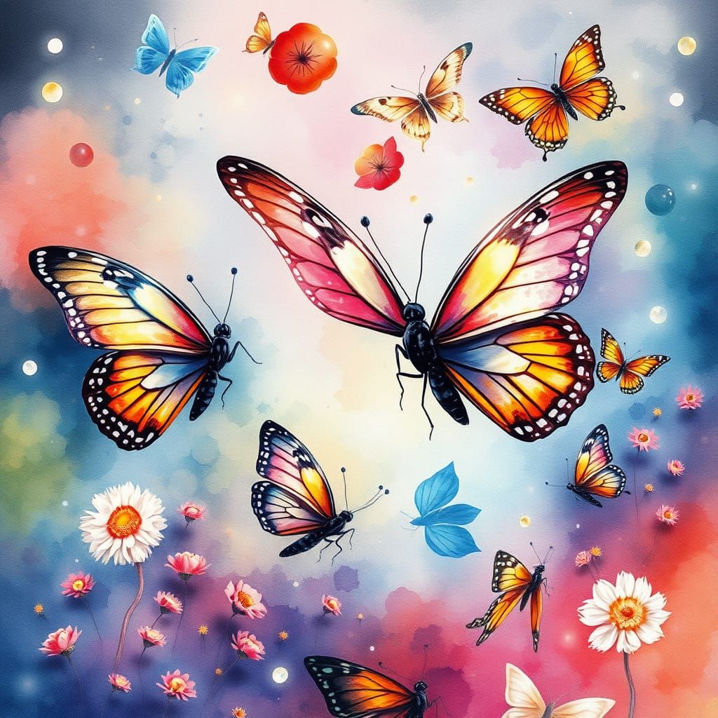 Whimsical Watercolor Butterflies in a Dreamlike Landscape