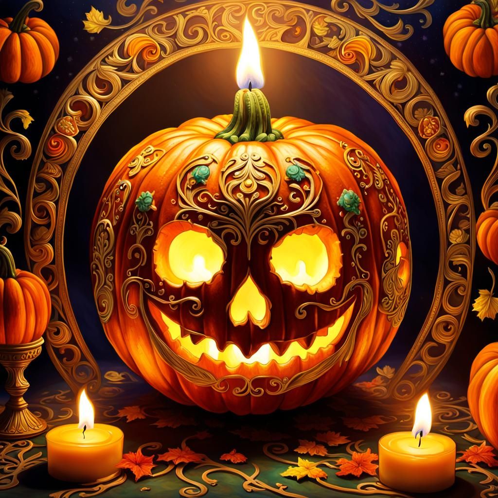 Ornate Pumpkin with Sugar Skulls in Art Nouveau Style