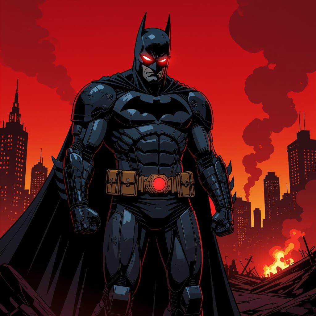 Gothic Mechanical Batman in Post-Apocalyptic Gotham