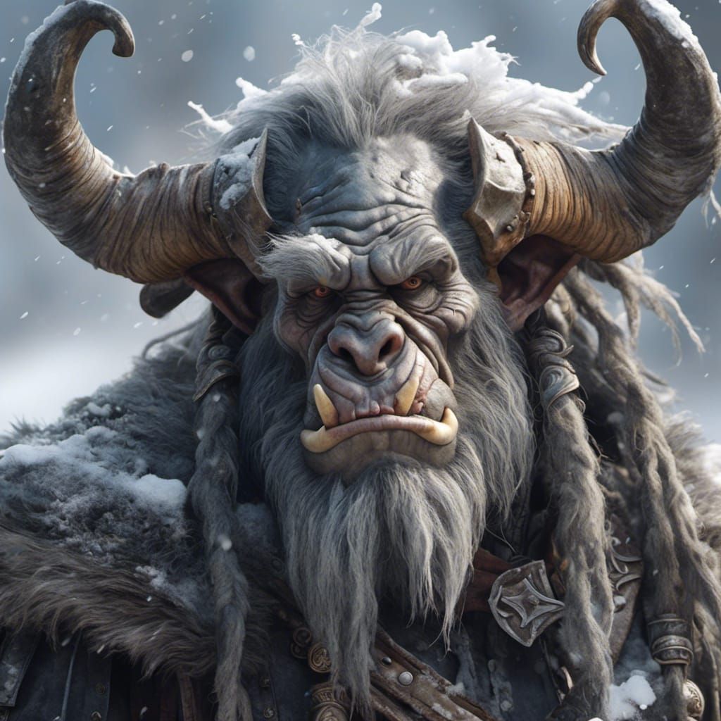 Hyperrealistic Grey Orc Head and Shoulders Portrait