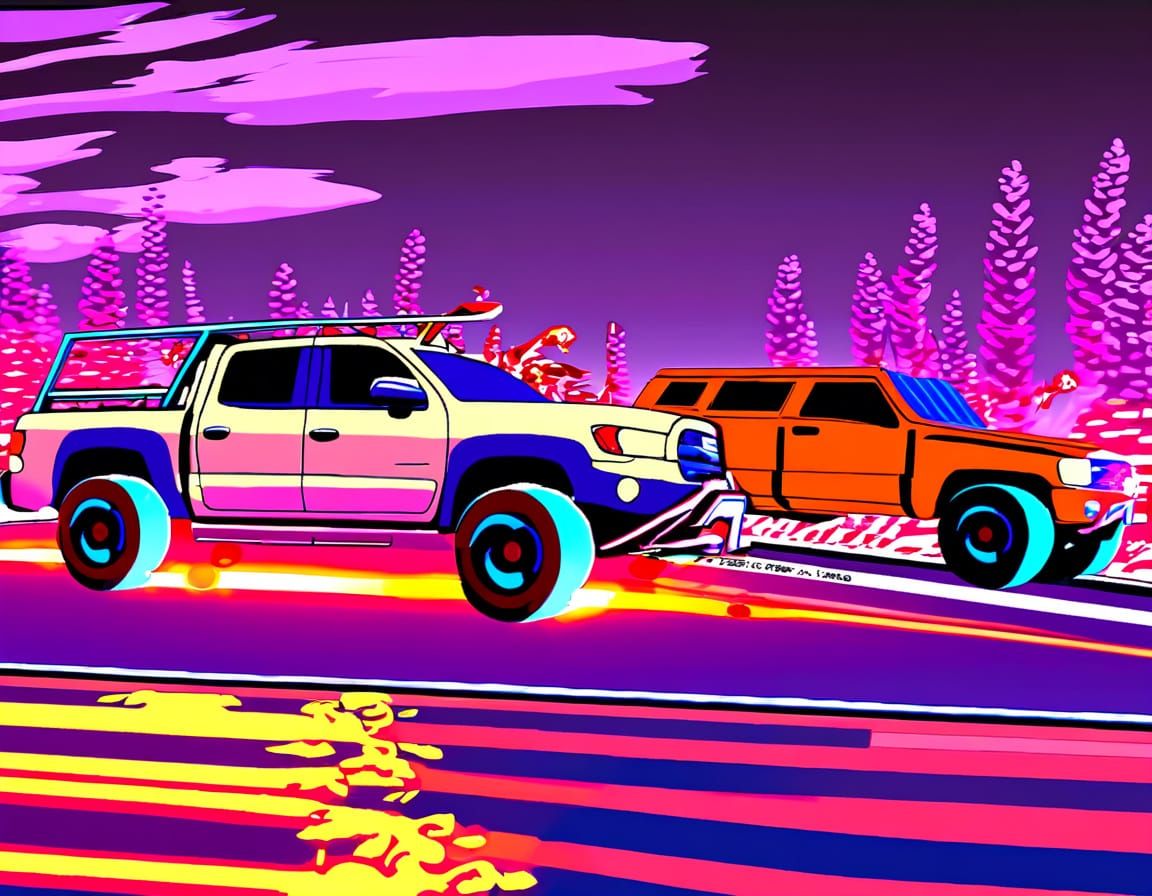 Anime Racing Trucks on Mountain Road at Dawn