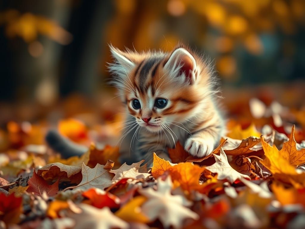 Hyperrealistic Kitten Frolicking in Autumn Leaves
