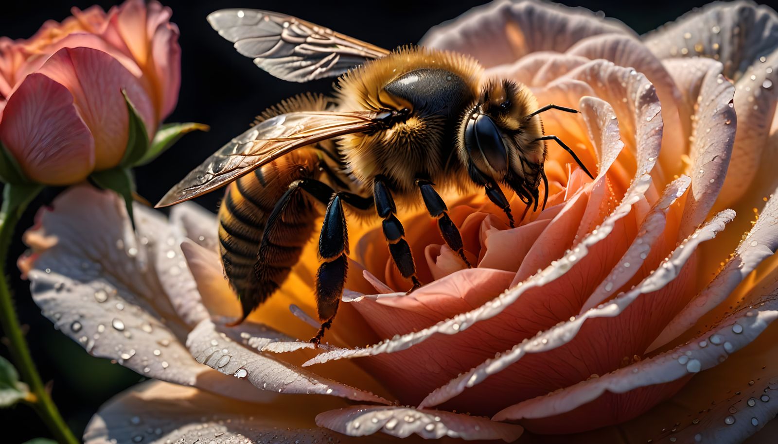 A Hyperrealistic Close-Up of a Bee in Flight Above a Rose