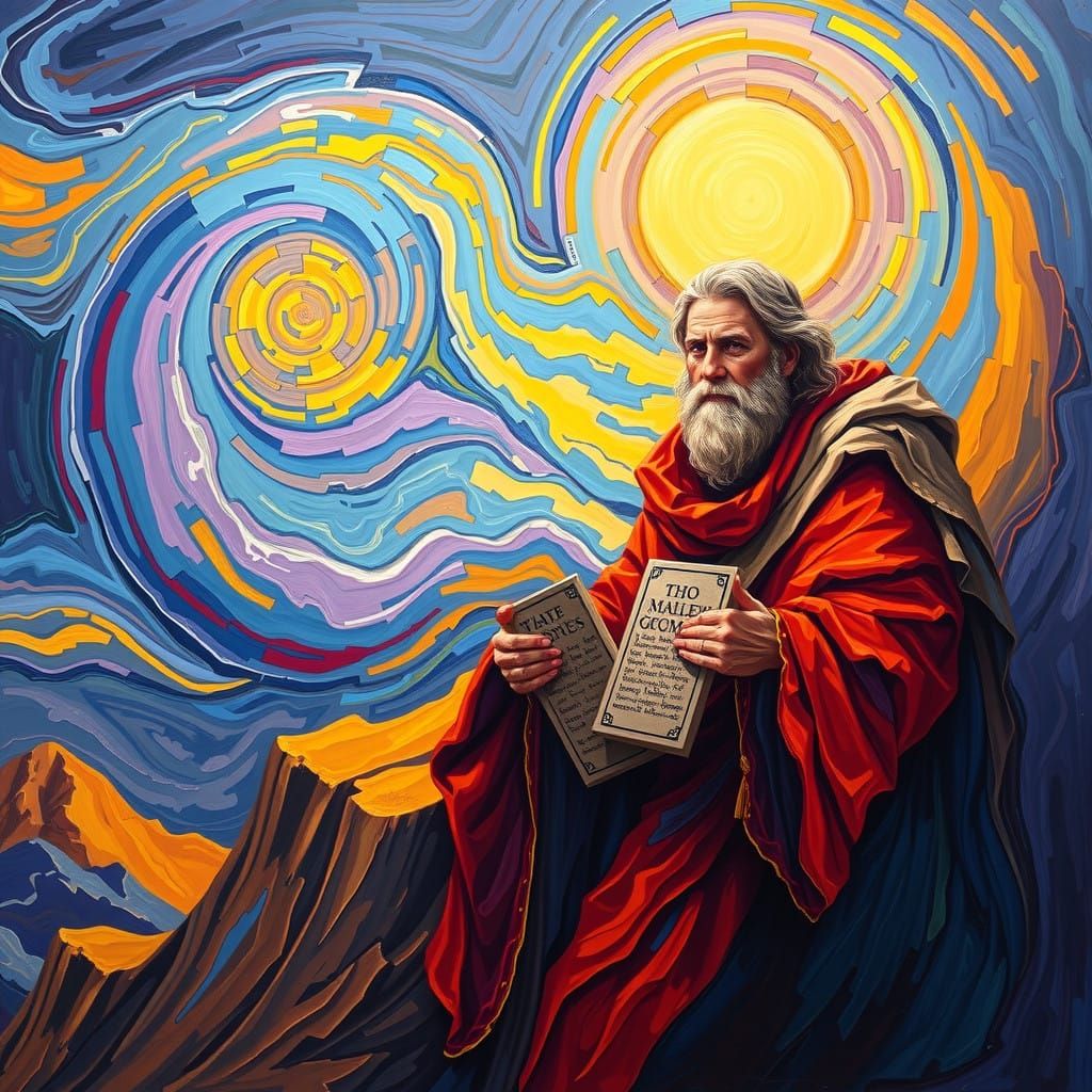 Moses Descends from Sinai in Vibrant, Expressive Brushstroke...