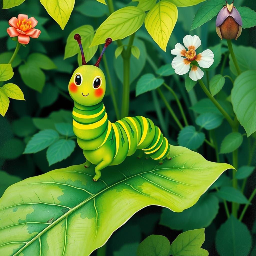 Enthusiastic Caterpillar on Leaf in Digital Watercolor
