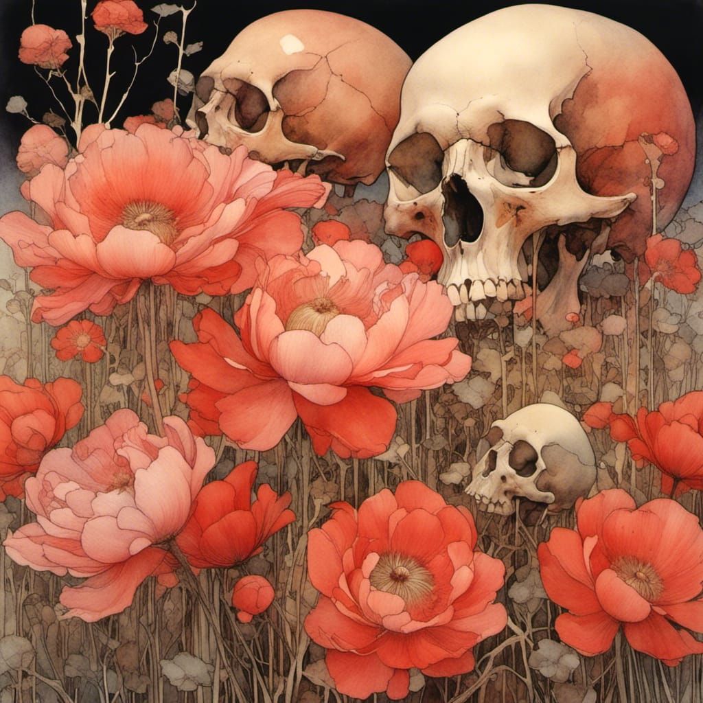 Skulls in Red Evening Light, Classic Illustration