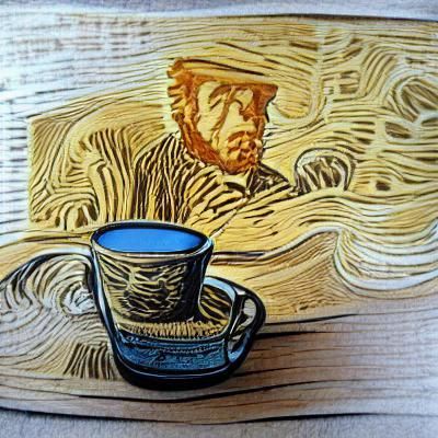 Morning Coffee in Van Gogh Style Woodcut