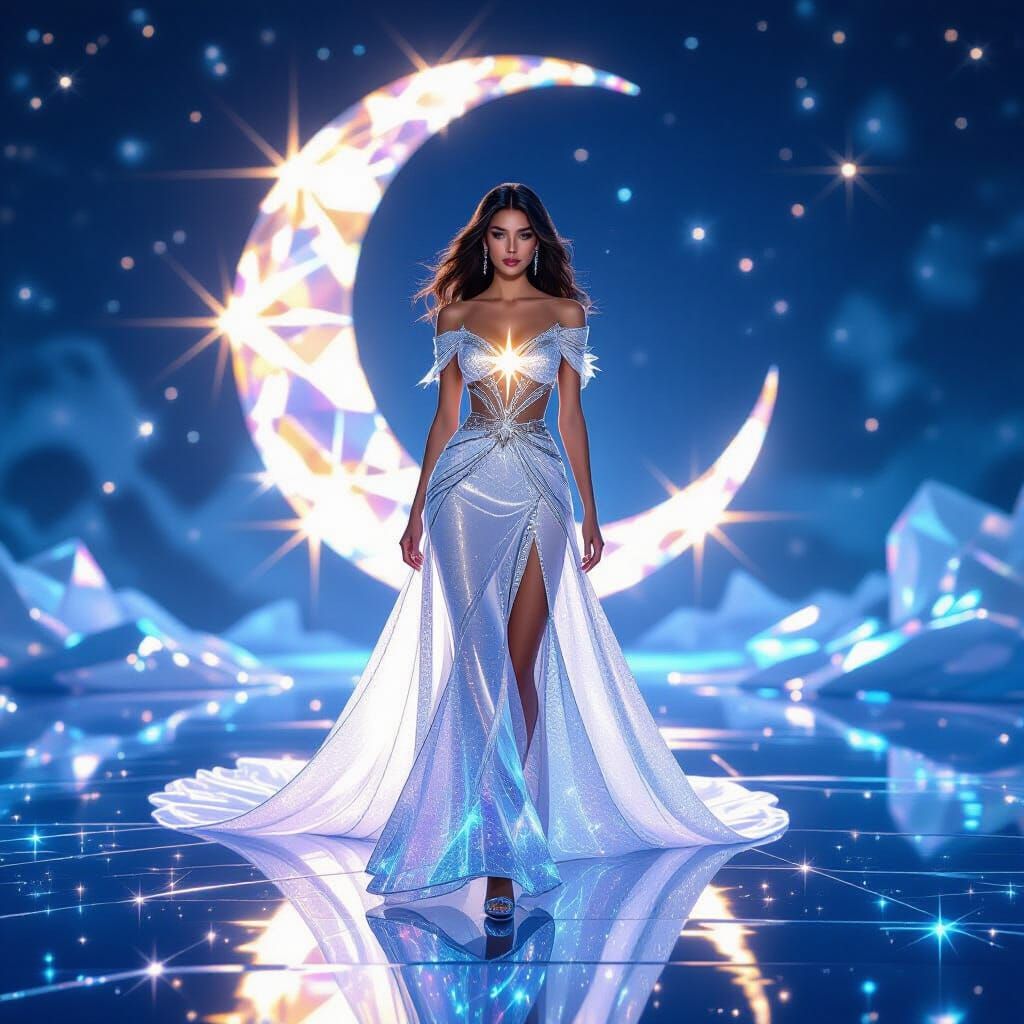Woman in Crystal Gown on Star, Moon Emblem