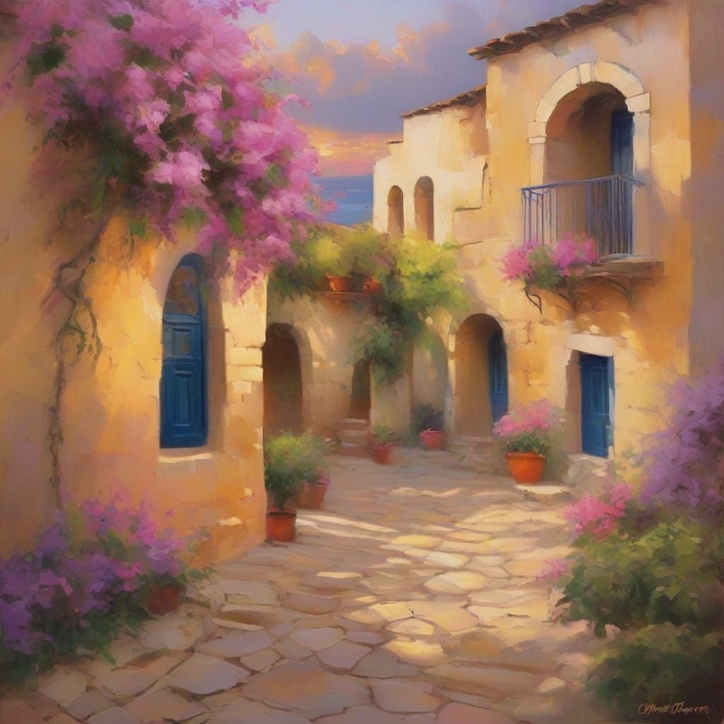 Dreamy Greek Village Landscape Painting