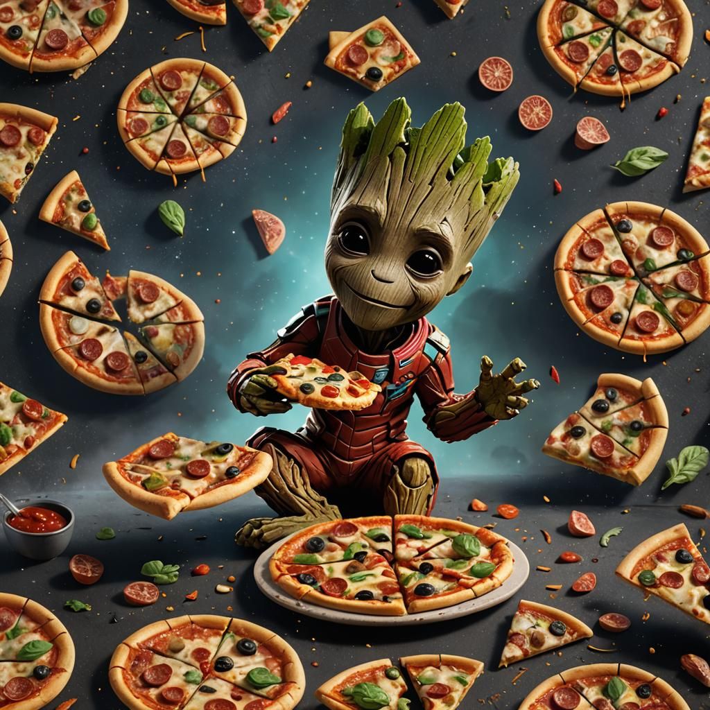 Baby Groot Eating Pizza: Detailed Digital Art
