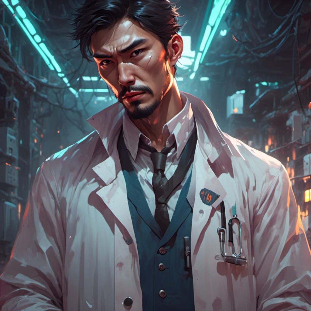Young Asian Man in Lab Coat: Dramatic Portrait
