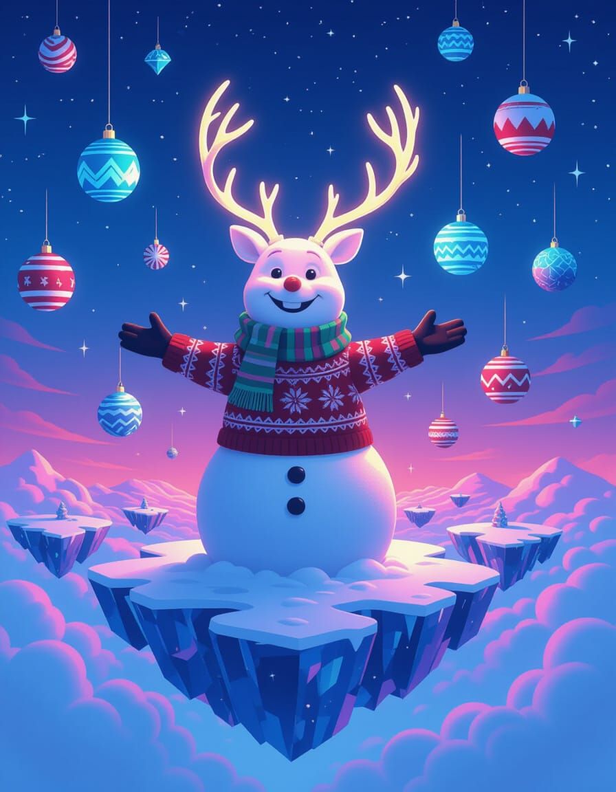 Snowman with Glowing Reindeer Head in Neon Sky